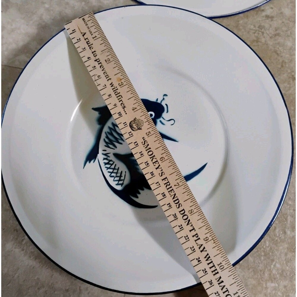 Vintage Chinese Enamelware Blue White Koi Carp Fish Metal Dinner Plates Set of 6 - Picture 4 of 4